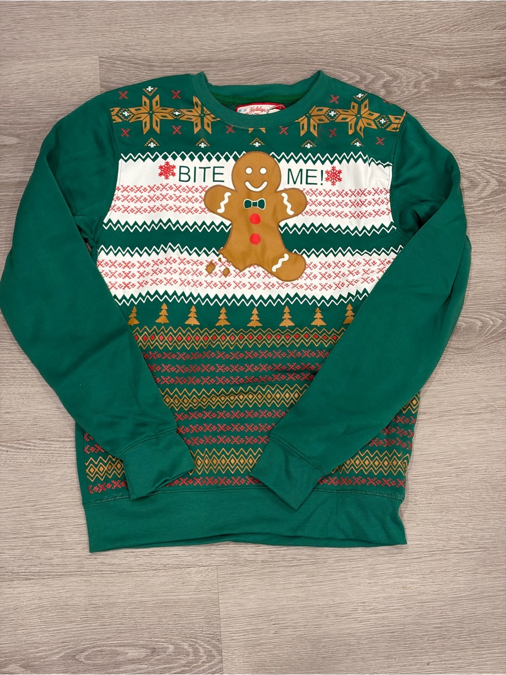 Green Gingerbread “Bite Me” Ugly Christmas Sweater – Small